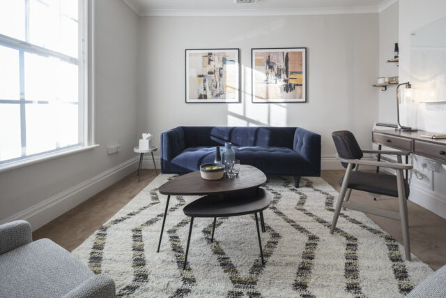 Large therapy space with desk, sofa, and chairs